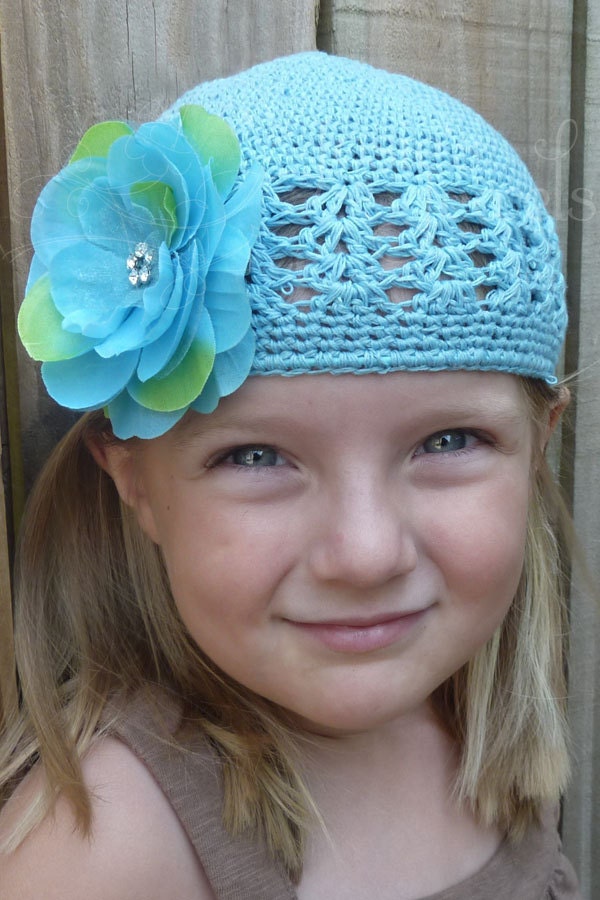 SALE --- Blue Crochet Toddler Girls Beanie with Sapphire Flower Clip