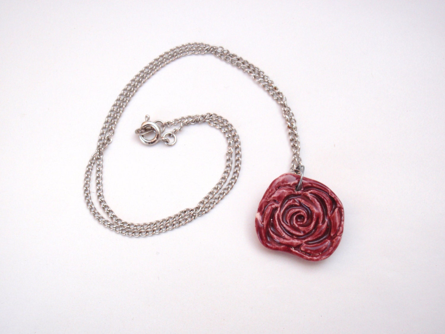 Raspberry Purple Ceramic Rose Pendant with Silver Chain