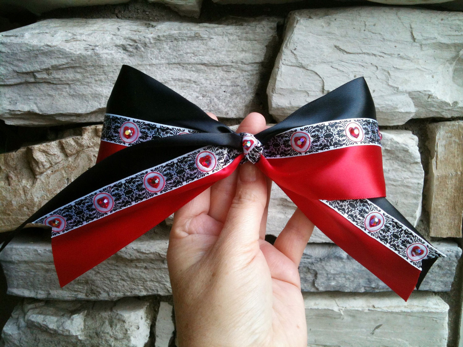 Red, Black & Hearts Valentine Cheer Bow Bun Cover and Ponytail Cover with Red irridescent Swarovski Rhinestones by Dncemom Designs