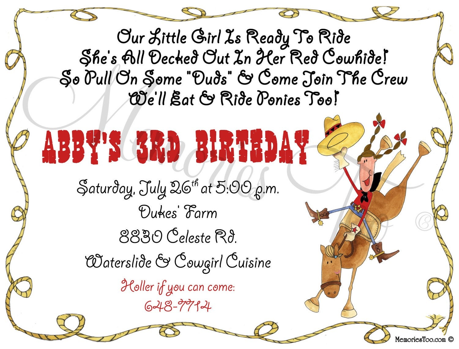 Cowgirl Theme Birthday Invitation