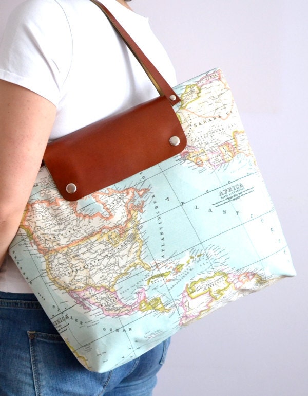 World Map Printed Fabric Tote Bag - Rusty Leather - Daily, Weekly, School Bag, Diaper Bag, Book or Magazine Tote Bag