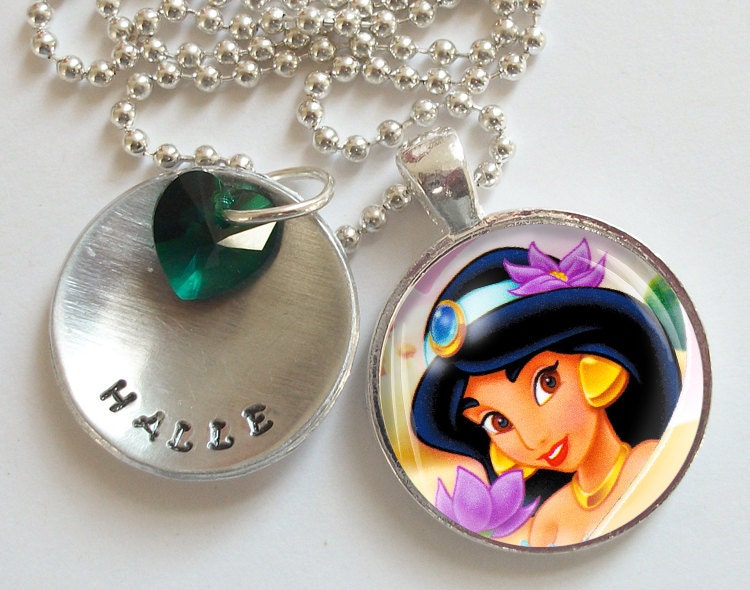 Jasmine Princess Personalized Hand Stamped Necklace Swarovski Crystal Heart  r8