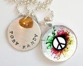 Watercolor Peace Sign Personalized Hand Stamped Necklace Swarovski Crystal Heart  r3