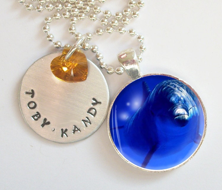 Blue Dolphin  Personalized Hand Stamped Necklace Swarovski Crystal Heart  r4