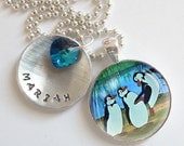 Marry Poppins Penguins Personalized Hand Stamped Necklace Swarovski Crystal Heart  r5