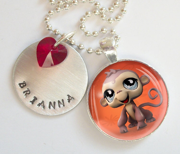 Monkey Pet Personalized Hand Stamped Necklace Swarovski Crystal Heart  r12