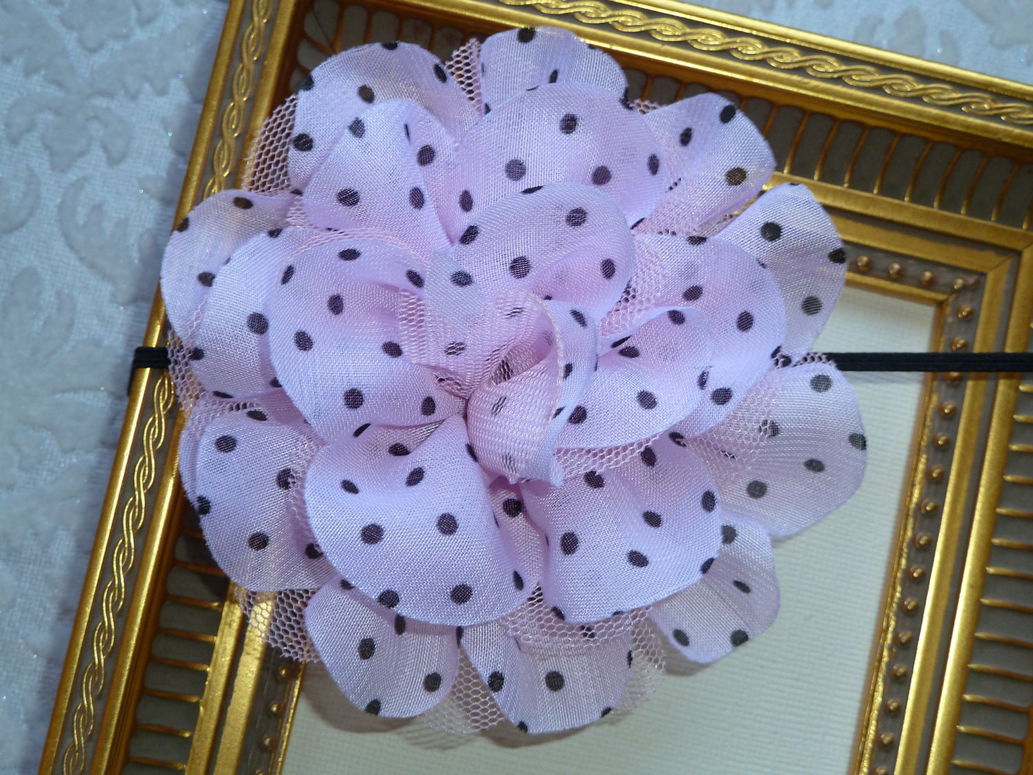 Flower Headband - Light Pink with Black Polka Dots Chiffon and Tulle Mesh Puff