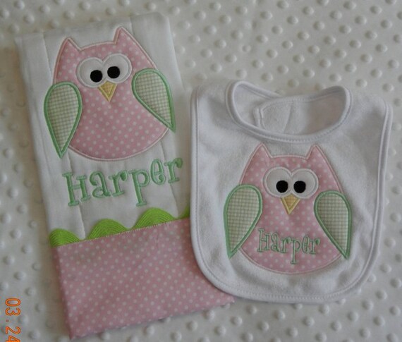 Adorable Bib and Burp Cloth Set with Appliqued Owl and Monogram