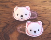 Felt snap clip barrettes of cute little kittens set of 2 in white, pink and brown