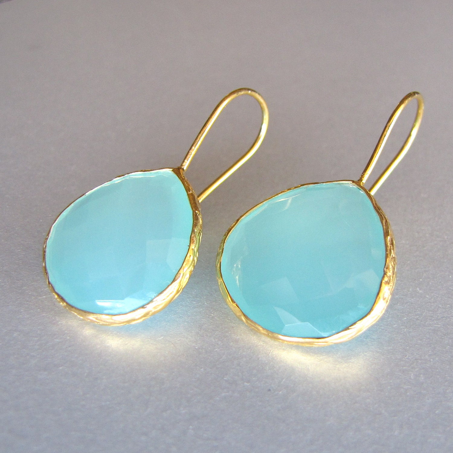 Gold Teardrop Aqua Chalcedony Earrings
