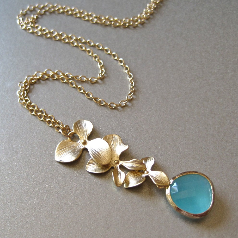 Gold Cascading Orchid Necklace with Sea Foam Accents