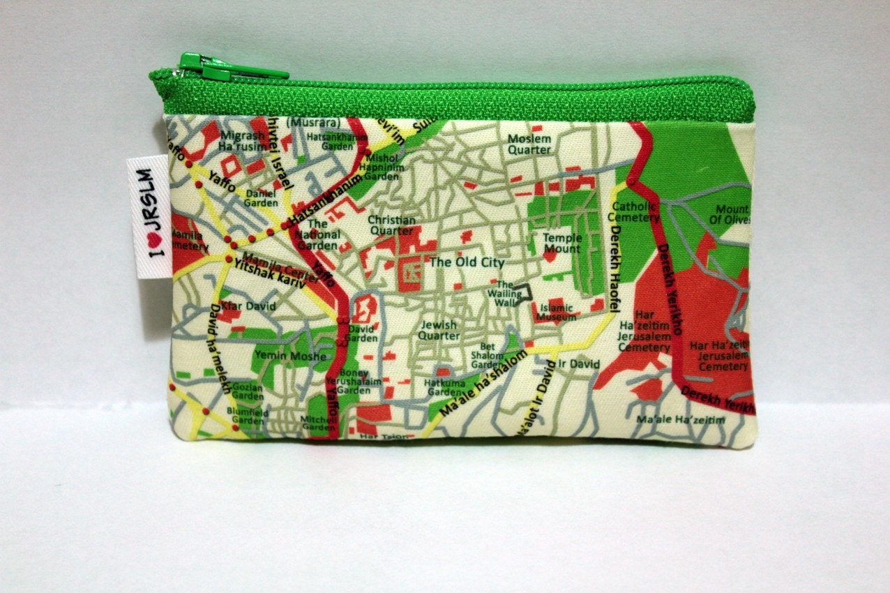 JERUSALEM map Wallet cotton zipper pouch - souvenir from Israel - gift from Israel - coin purse or business card holder