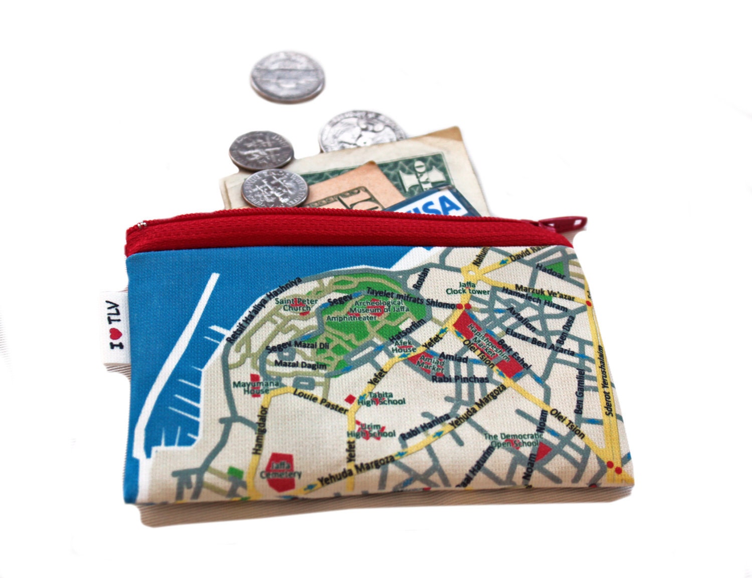 TEL AVIV JAFFA map wallet for men for woman for travellers, zipper pouch business card holder