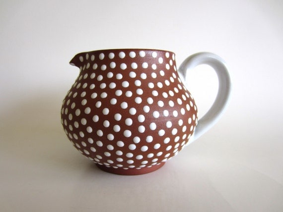 Zeuthen Denmark Pitcher Redware with White Polka Dot Glaze Mid Century Modern Scandinavian Pottery