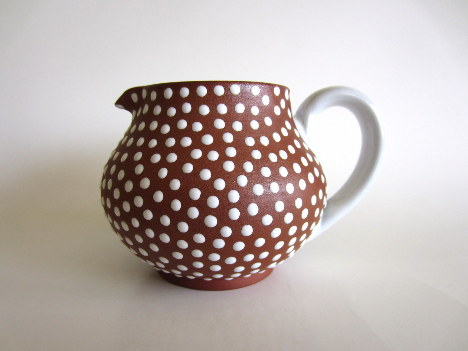 Zeuthen Denmark Pitcher Redware with White Polka Dot Glaze Mid Century Modern Scandinavian Pottery