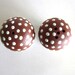 Zeuthen Denmark Cruet Set Salt and Pepper Shakers Mushroom Toadstool Redware White Polka Dot Glaze Mid Century Modern Scandinavian Pottery