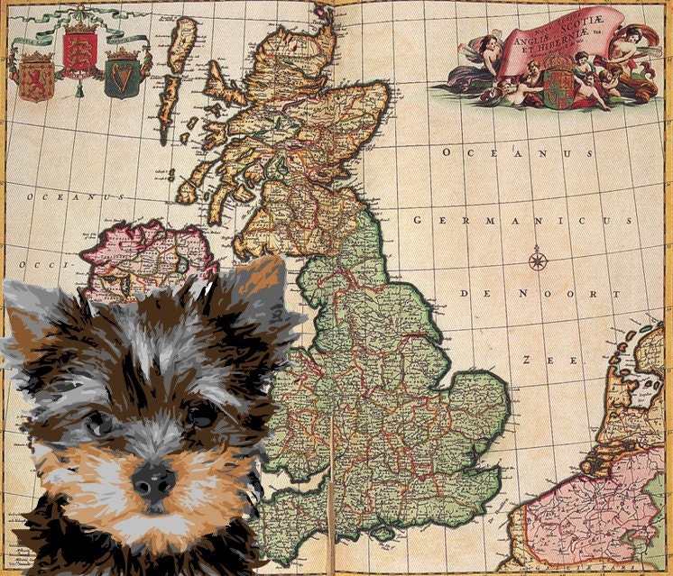 Dog Art Animal Print Pet Portrait Yorkie Vintage Map