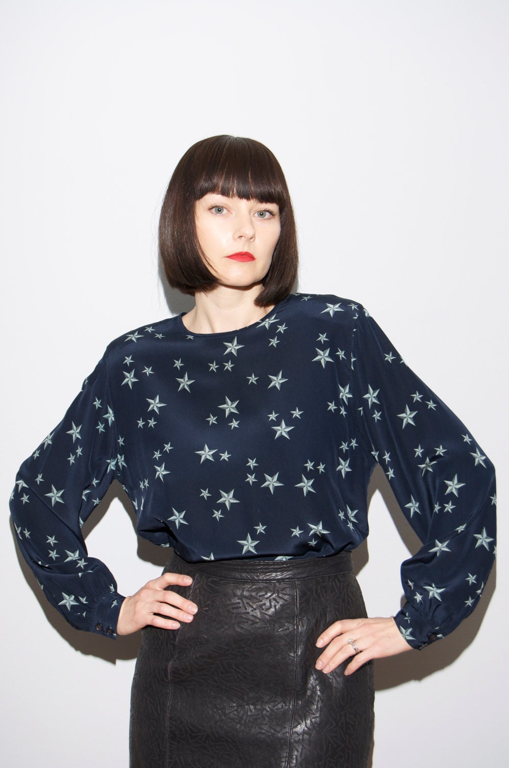 Navy Blue Silk Blouse w/ Nautical Star Print