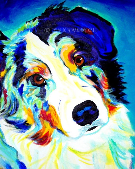 Blue Pet Portrait Aussie Dog Art Print 8x10 by Alicia VanNoy Call