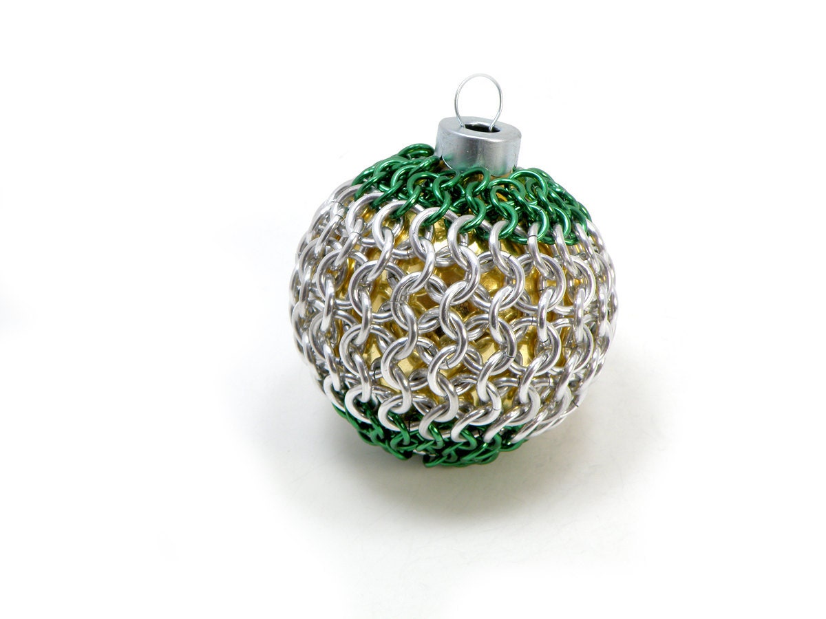Tree Ornament Glass Globe With Green And Silver Chainmail