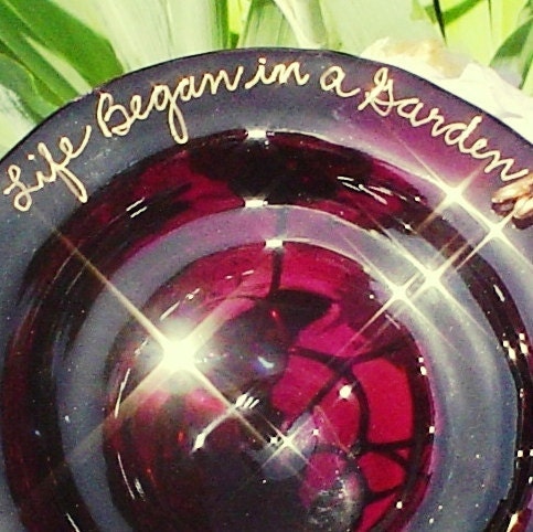 BIRD and BUTTERFLY Feeder, 18K Gold and Purple, Stained Glass, inscription, Garden Art, copper, housewares