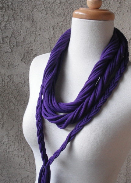 Braided Purple Jersey Scarf Necklace, Circular, Infinity, Cowl