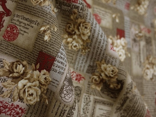 Retro roses, brown words background, fat quarter, pure cotton fabric