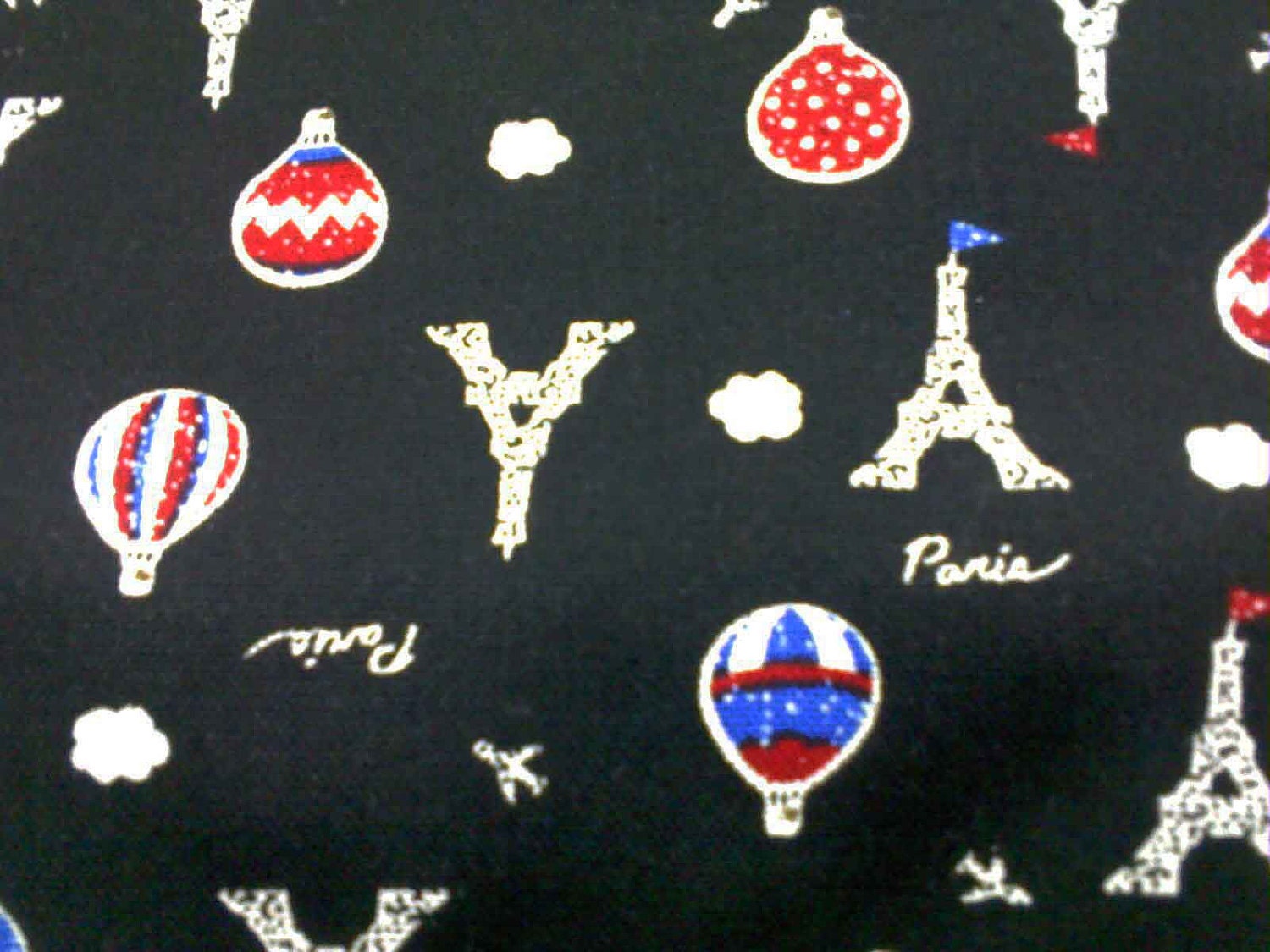 Hot air balloons and Eiffel Tower, on black, fat quarter, pure cotton fabric