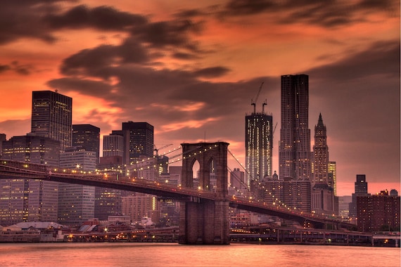 New York City, Photography, Brooklyn Bridge at Sunset, Photograph Print, Art, Home Decor,  6X9 (Other Sizes Available)