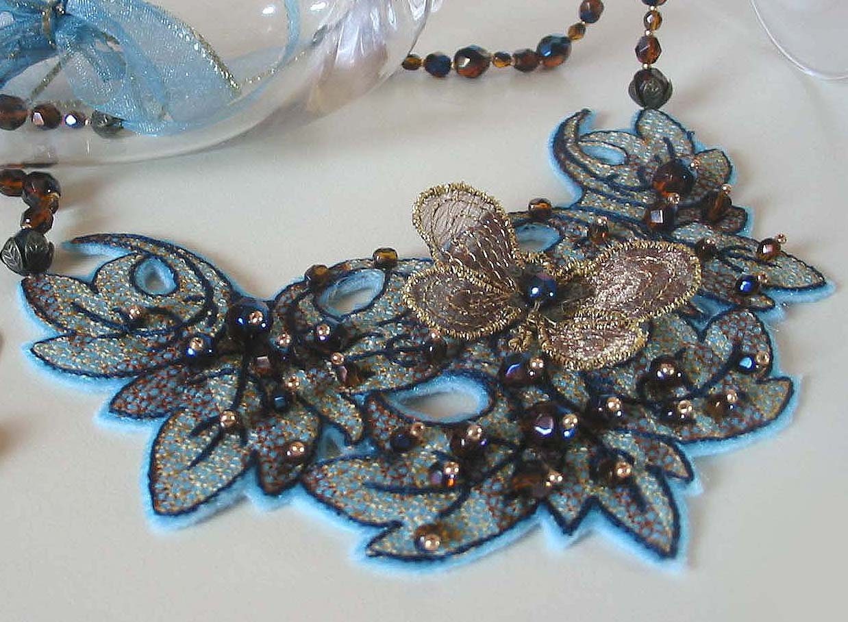 OOAK Beaded Necklace with Embroidery - GOLDEN BUTTERFLY