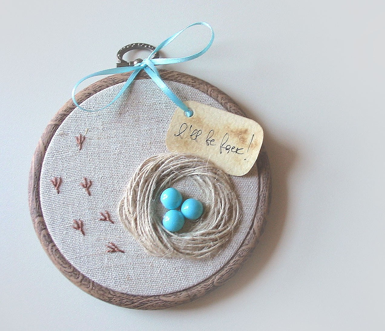 Organic Hand Embroidered Wall Hanging Nest with Robin Eggs- I WILL BE BACK - tbteam