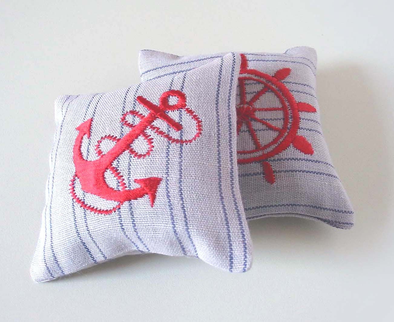 Organic Lavender Sachets NAUTICAL - Set of Two Red Embroidered Linen Cushions