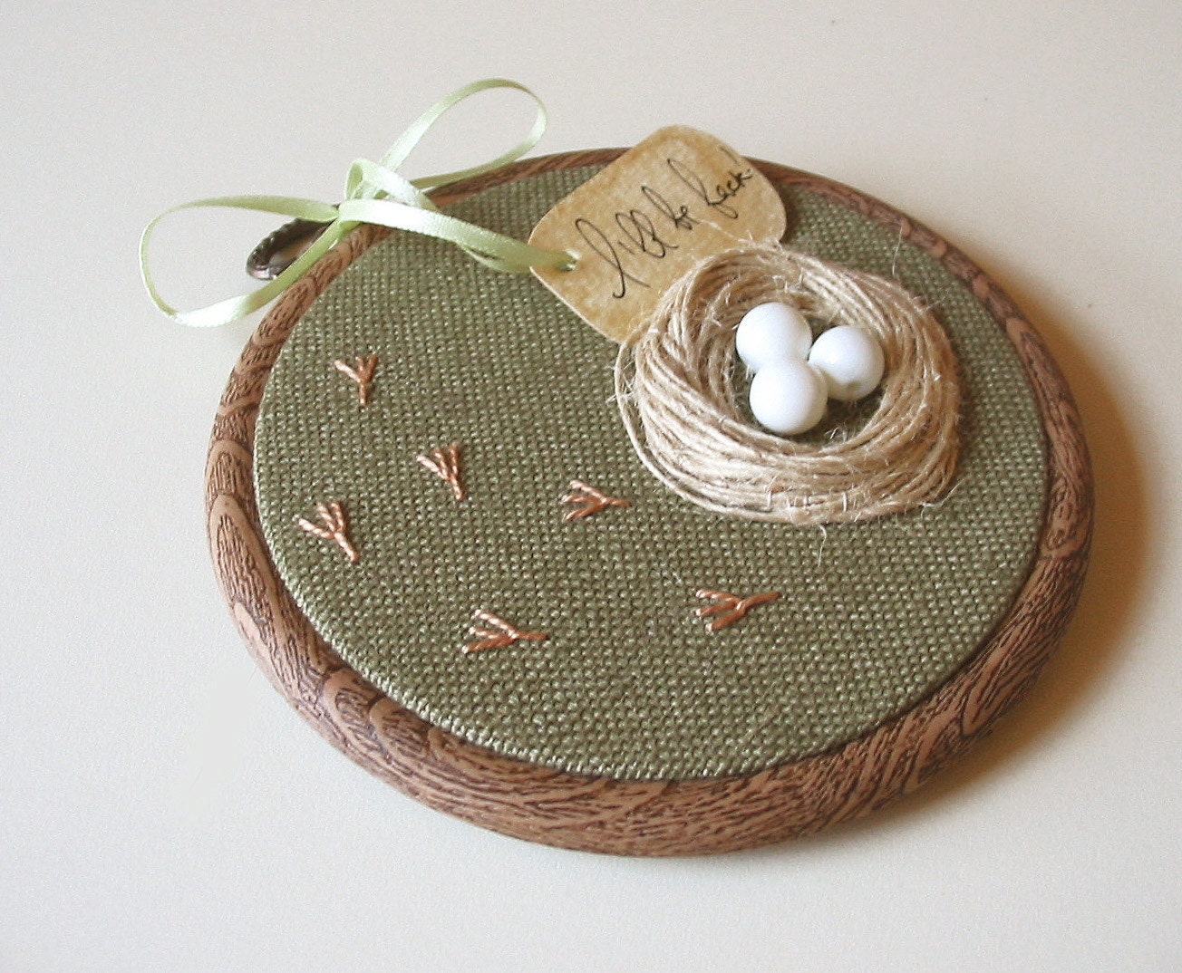 Organic Olive Hand Embroidered Wall Hanging Nest with White Eggs- LILLY'S NEST - tbteam - RESERVED
