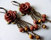 Brown polymer clay flower, gemstone tiger eye sandstone, chandelier dangle beadwork rose earrings boho romantic shabby chic