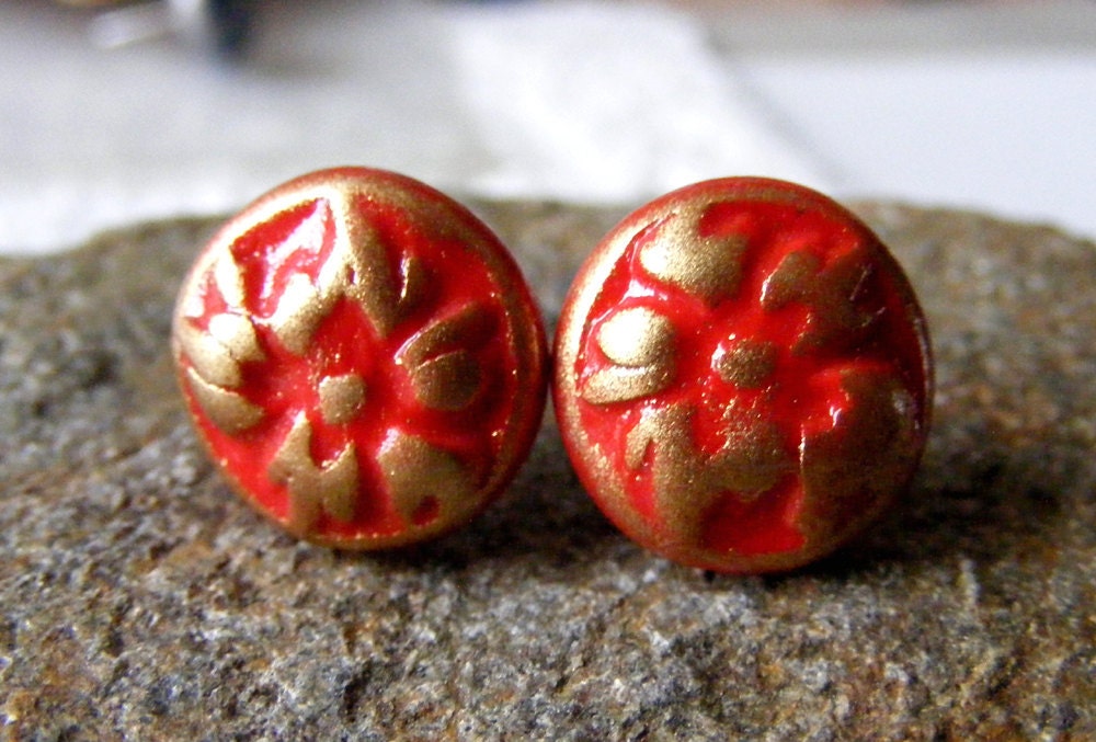 Red rose Floral affordable studs button posts, polymer clay rose, upcycled eco friendly, boho golden posts
