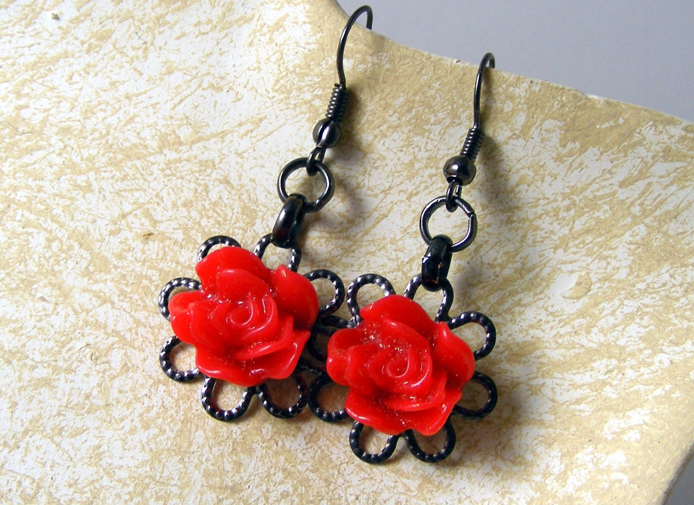 Cyber Monday, Black Friday sale Red  rose  black filigree post  gift affordable studs