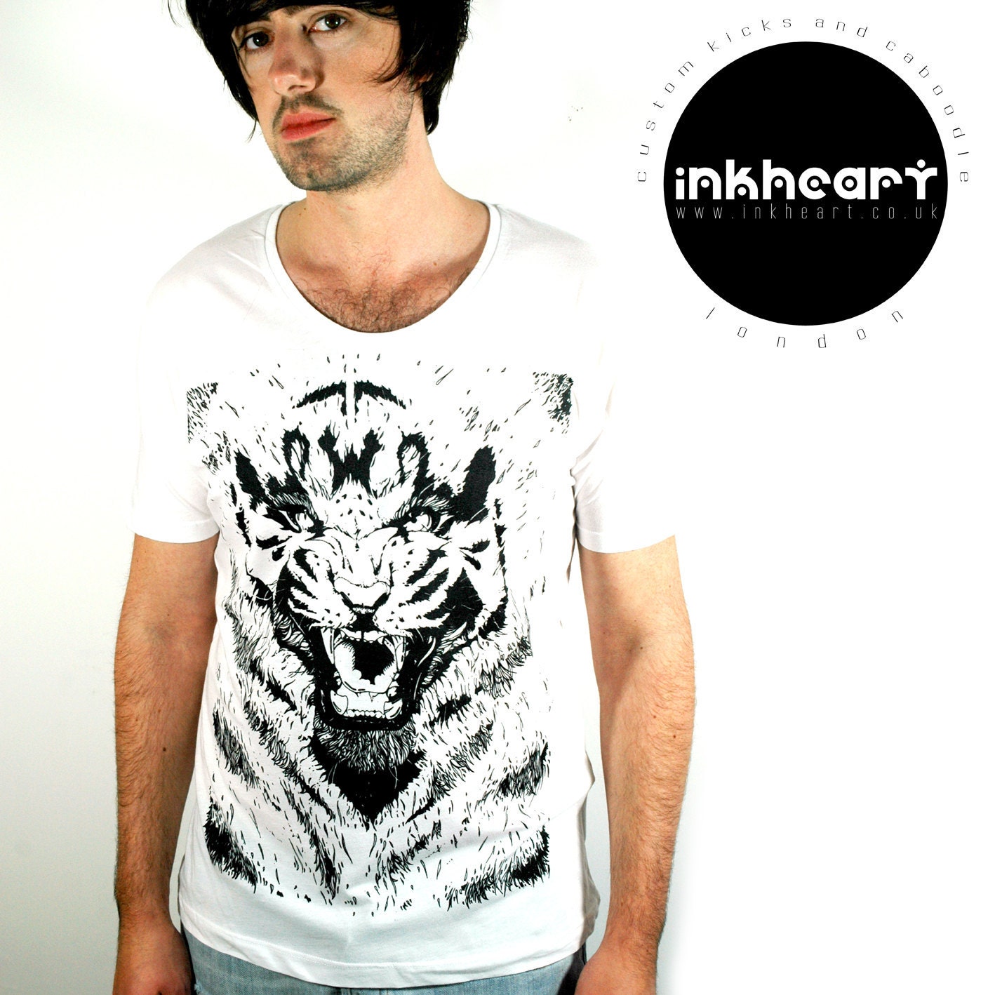 T Shirt On Sale - Black & White TIGER - Limited Edition Original Illustration - Scoop Neck 100% Cotton T