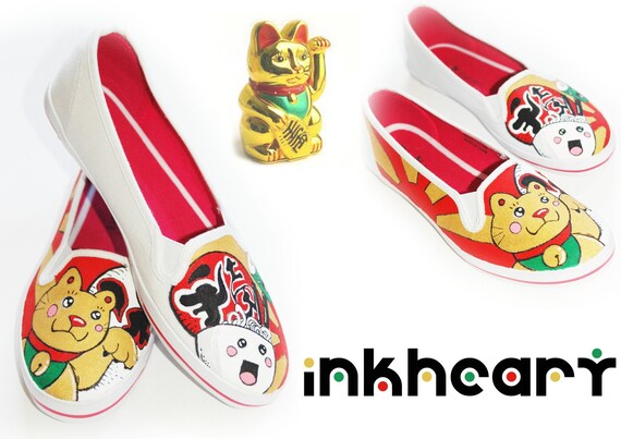 Chinese Waving Cat, Handpainted Custom Shoes, Womens