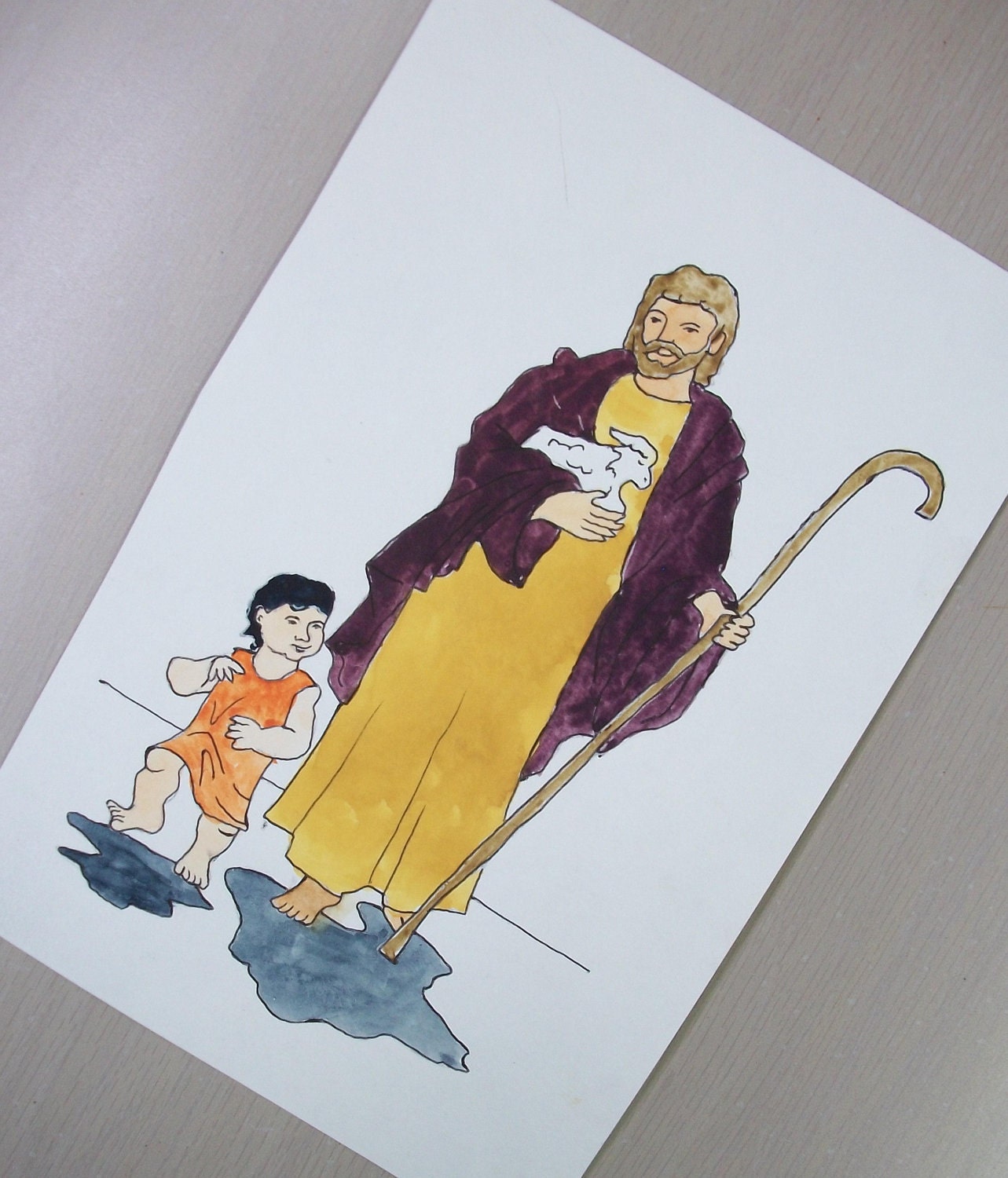 Jesus with lamb and child, original watercolor Bible painting, religious