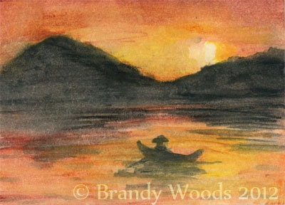 Sunset on the Lake mountains Watercolor Painting SFA ACEO Brandy Woods