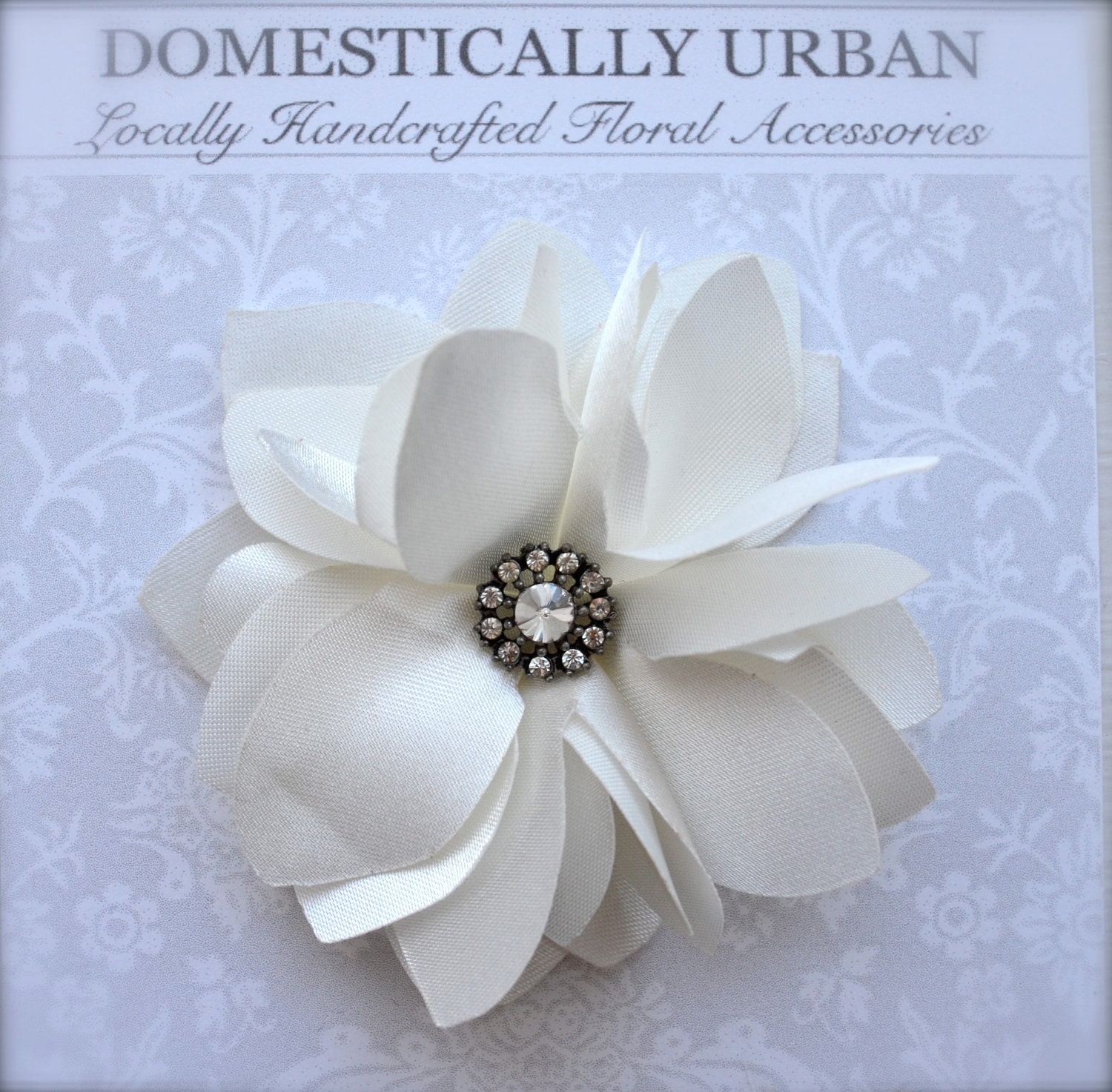 Ivory Bridal Flower Hair Clip - Ivory Satin - Vintage Pendant - Flower Rhinestone - SALE
