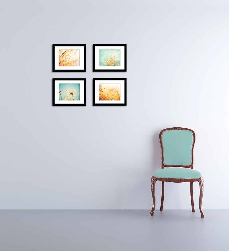 Photo Set of 4 8x10 Photography Prints - nature flowers floral - yellow gold mint green teal blue - golden photo set turquoise - print sets