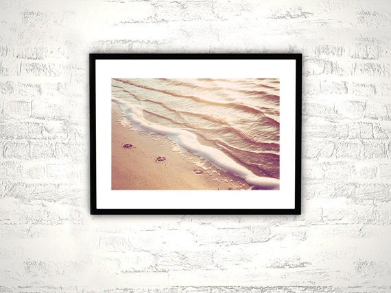 Beach Photography - water ripples paw prints - beige peach light brown - ocean photograph nautical photo wall art print - 8x12 Photograph
