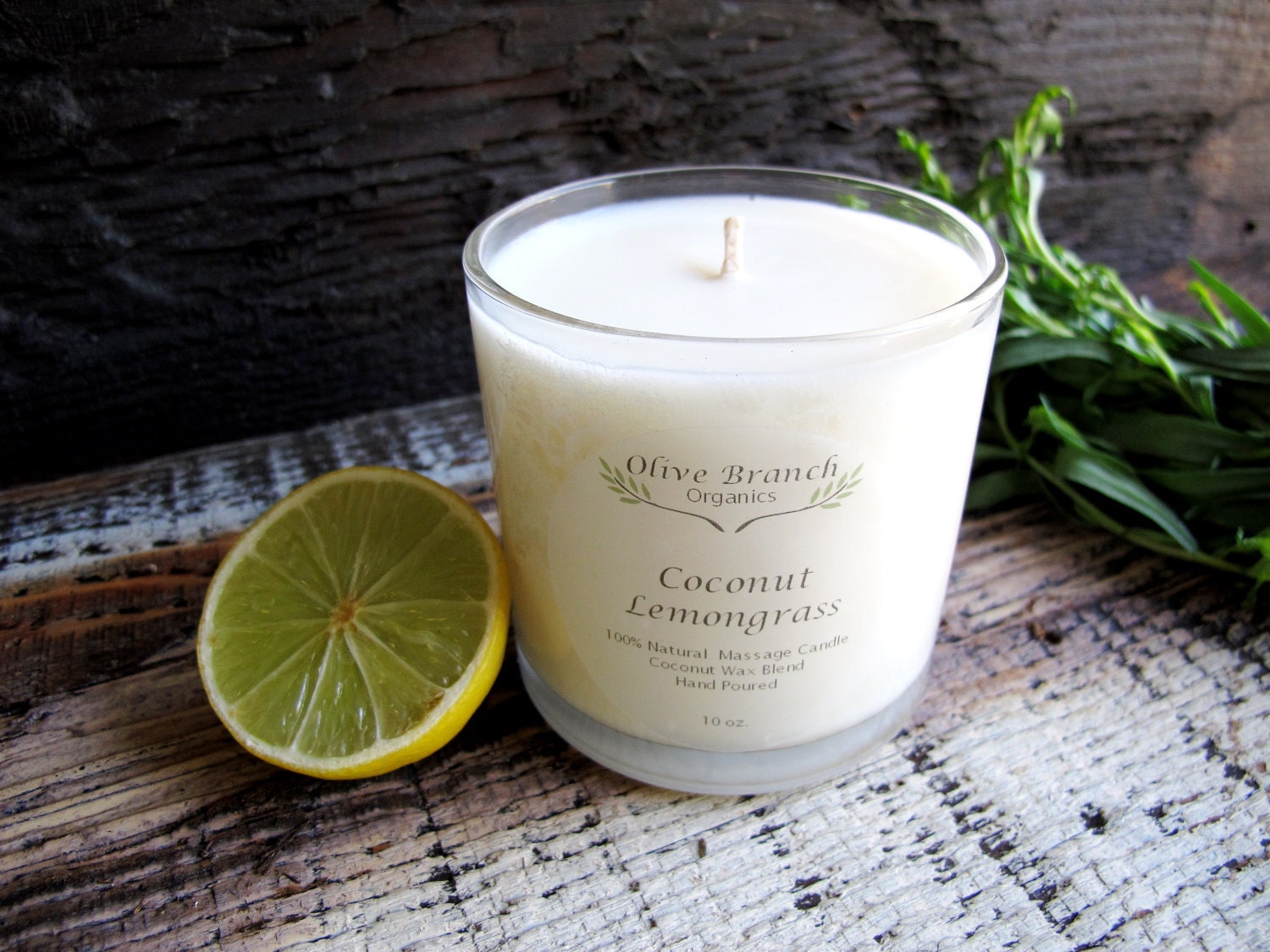 COCONUT LEMONGRASS Candle Organic Coconut Wax massage candles All Natural skin care 10 oz.