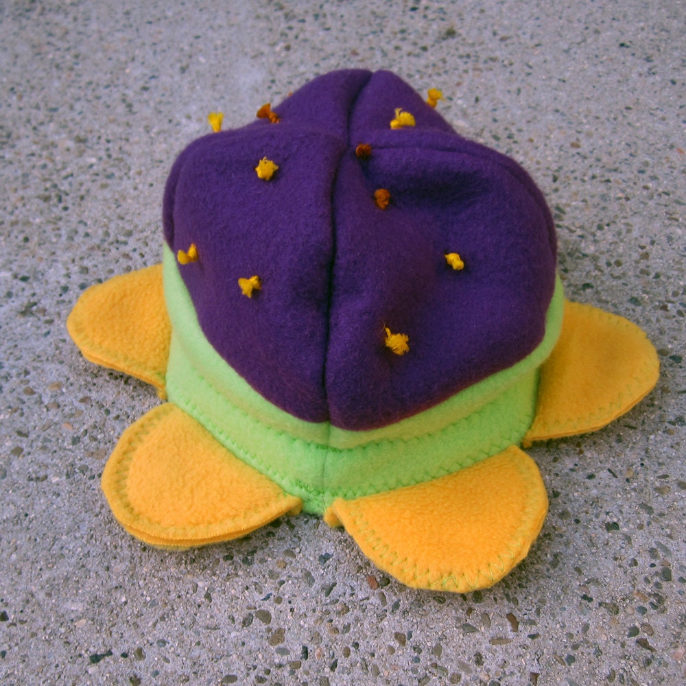 Dark Purple Flower w/ Yellow Petals Fleece Animal Beanie Hat for Girls - Original Design, Handmade Size Baby 9m - 12m