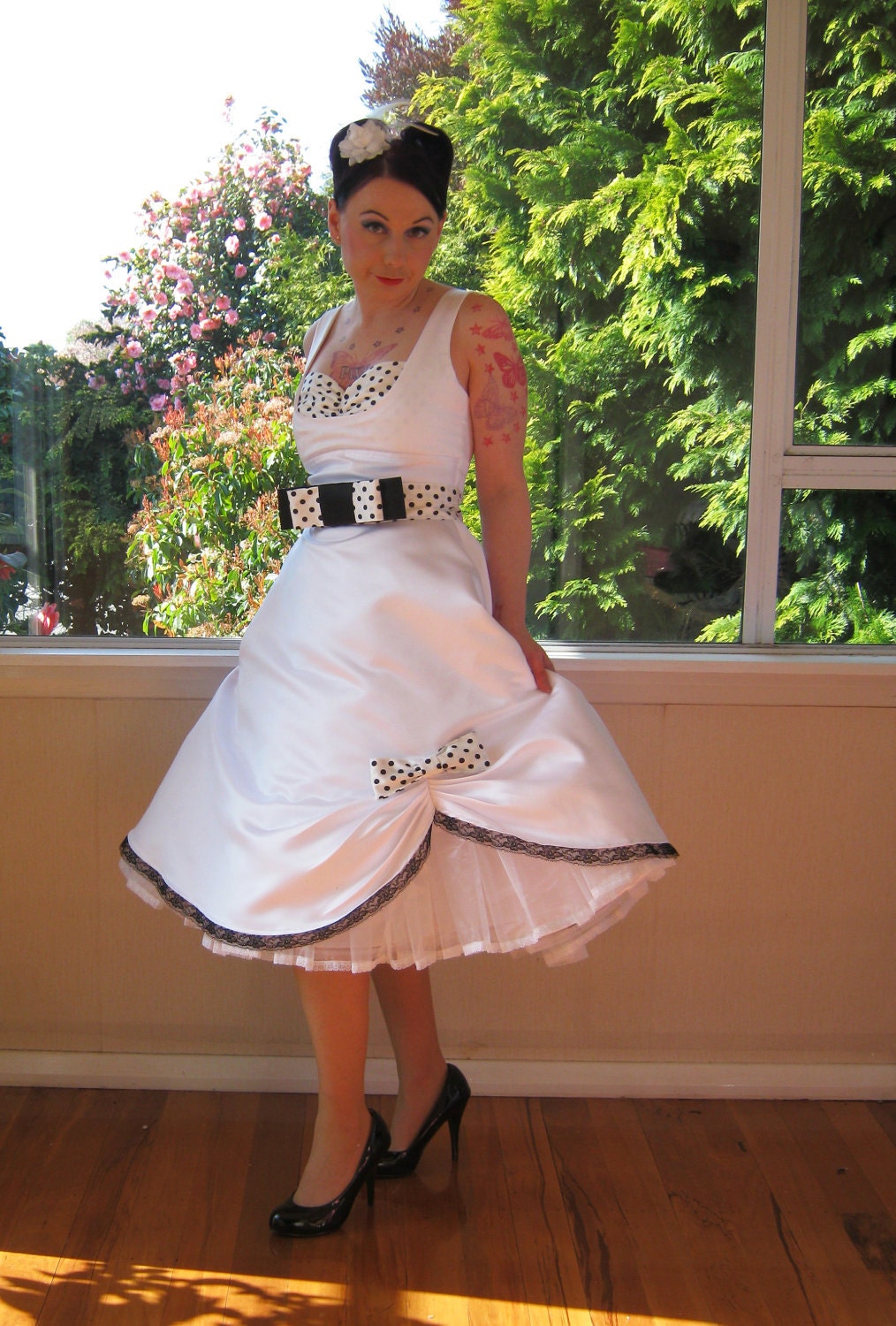 1950s Pin Up 'Audrey' Wedding Dress in a with Polka Dot Bodice, Belt and Organza Petticoat Tea Length - custom made to fit