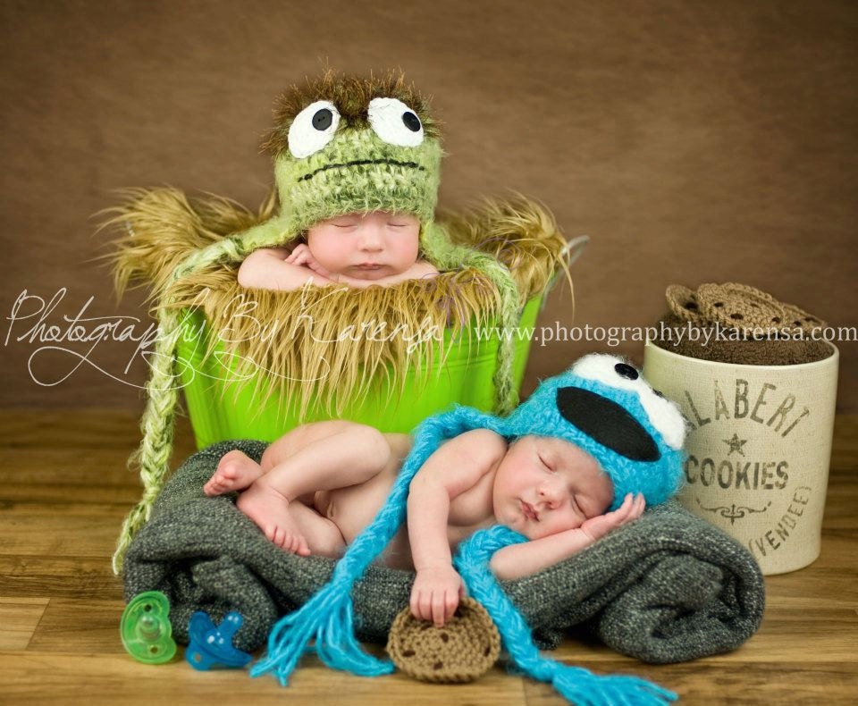 Inspired Monster & Oscar  Beanie Perfect for photo props Newborn Thru 6 months size available TWIN PHOTO PROP
