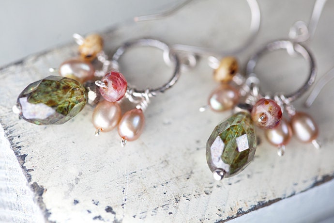 Sage Green Pearl Earrings muted pastel colors shabby chic