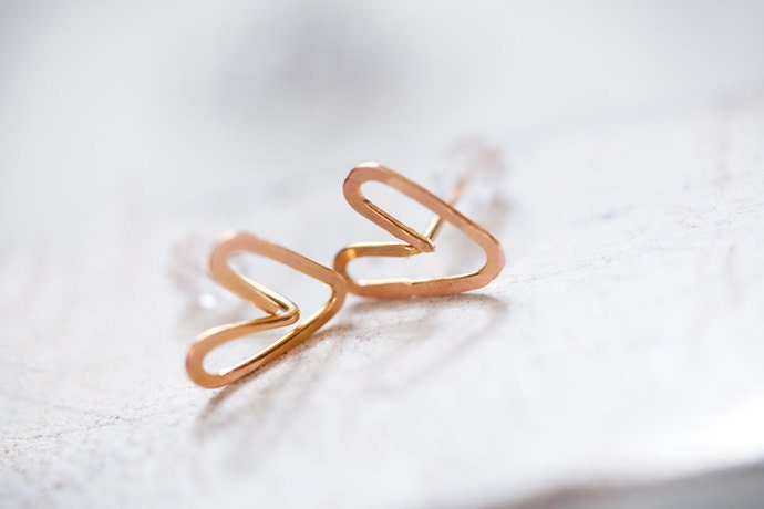 Gold Heart Post Earrings handmade hammered