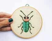 Bug. Beetle. Hands embroidered wall decor. Cross stitch in wooden hoop. Woodland